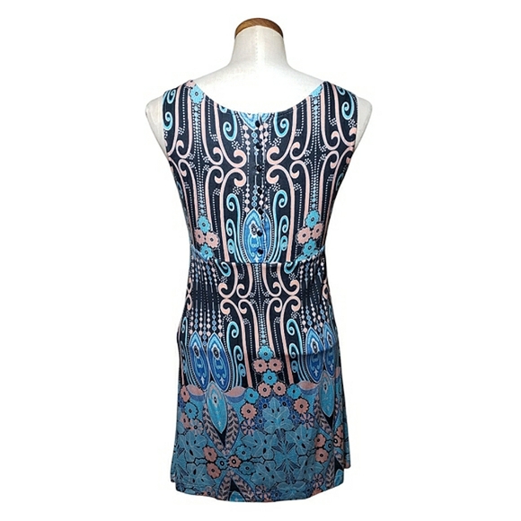 Free People Floral Boho Button Up Back Sleeveless Stretch Blue Mini Dress Size 6 - Picture 4 of 16